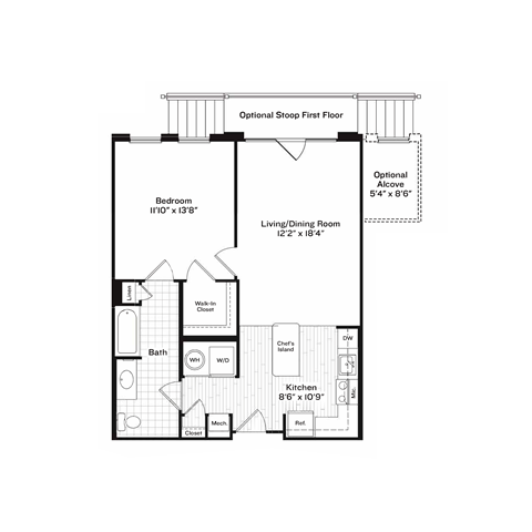 Floor plan for 1 bed, 1 bath, 747 sqft